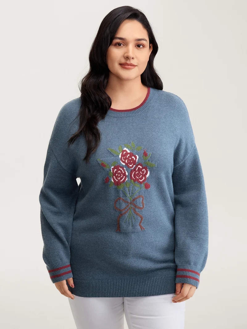 Supersoft Rosy Motif Contrast Round Neck Pullover