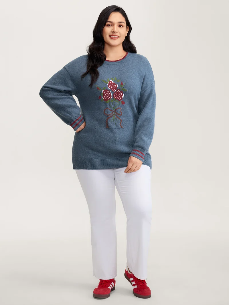 Supersoft Rosy Motif Contrast Round Neck Pullover