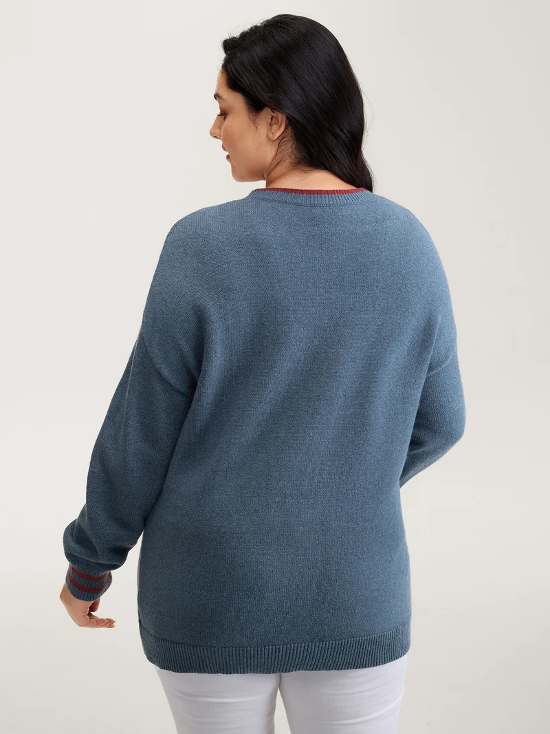 Supersoft Rosy Motif Contrast Round Neck Pullover
