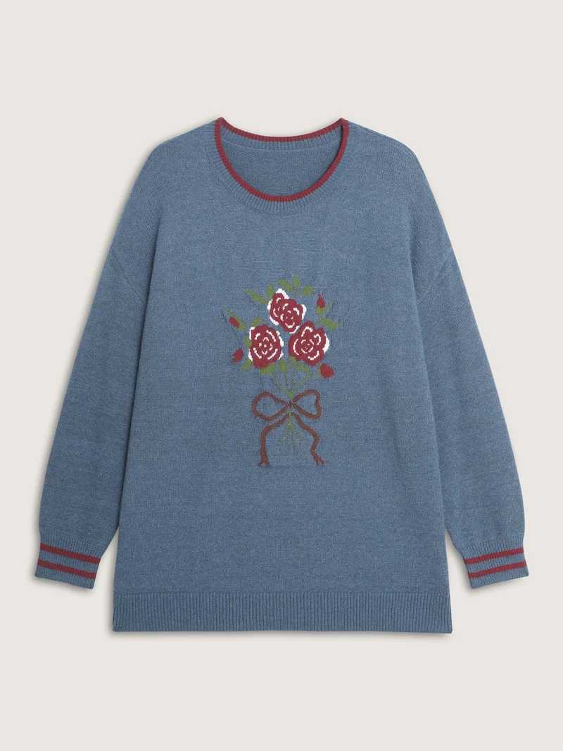 Supersoft Rosy Motif Contrast Round Neck Pullover
