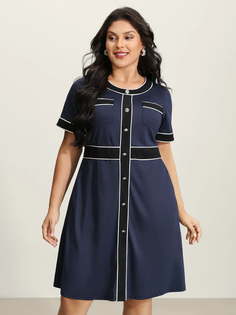 Textured Color Contrast Stretchy Midi Dress