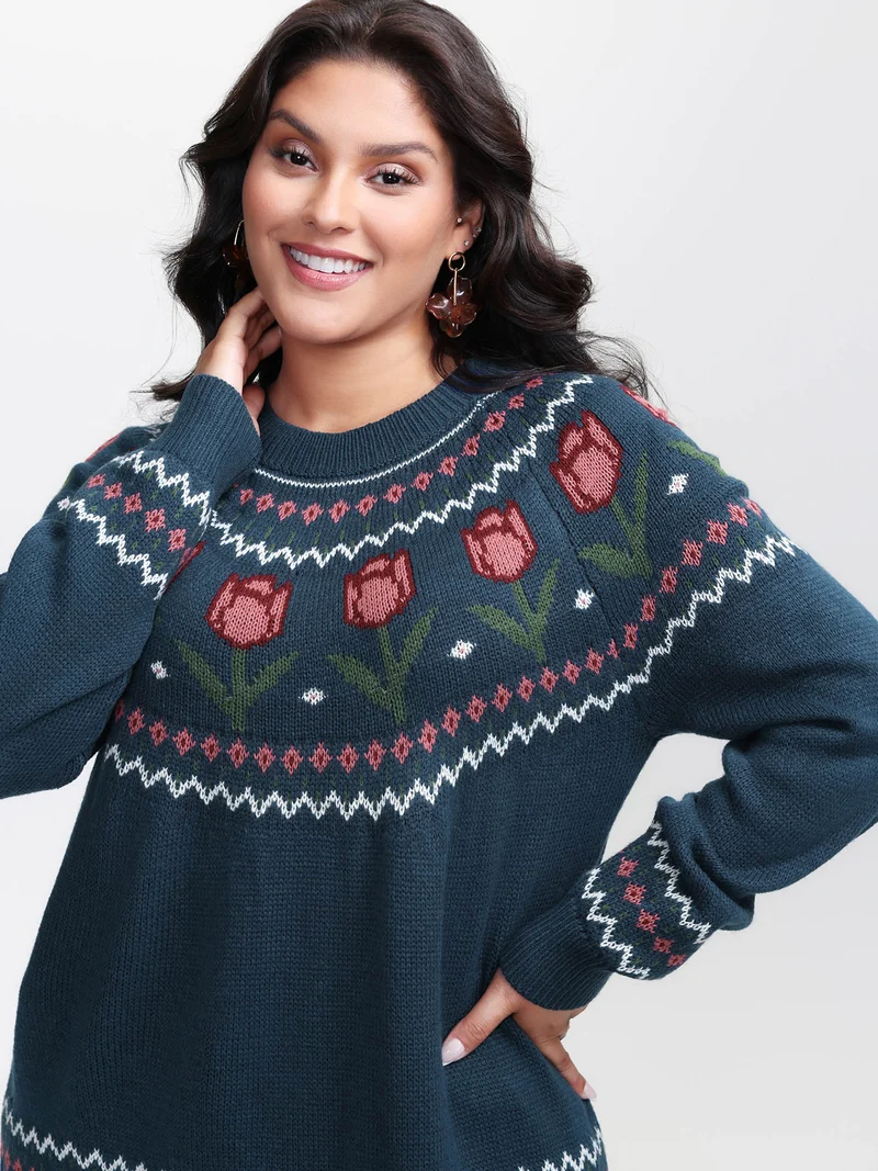 Floral Jacquard Color Contrast Pullover