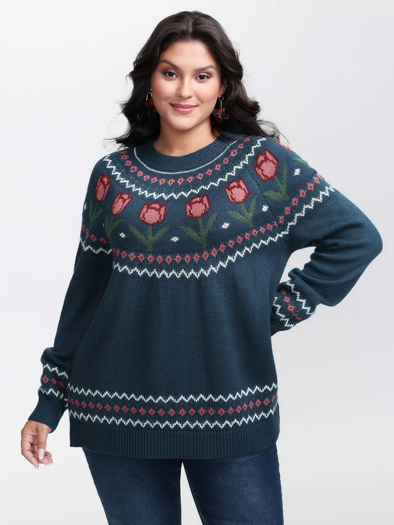 Floral Jacquard Color Contrast Pullover