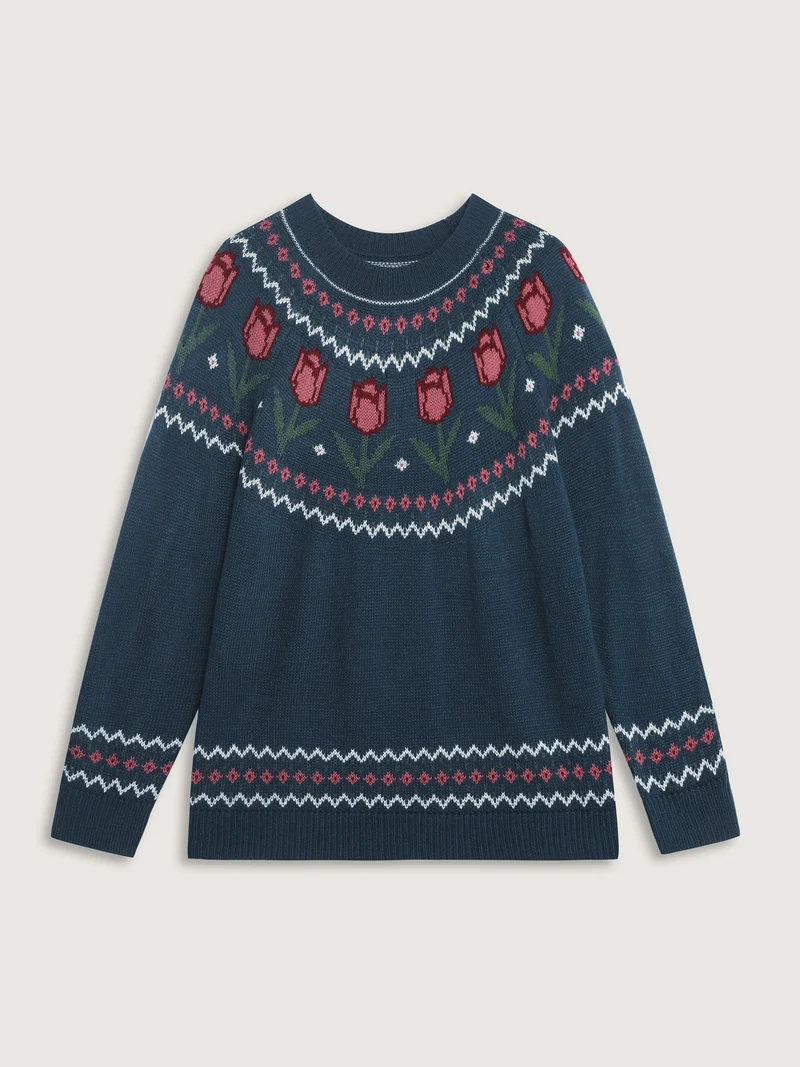 Floral Jacquard Color Contrast Pullover