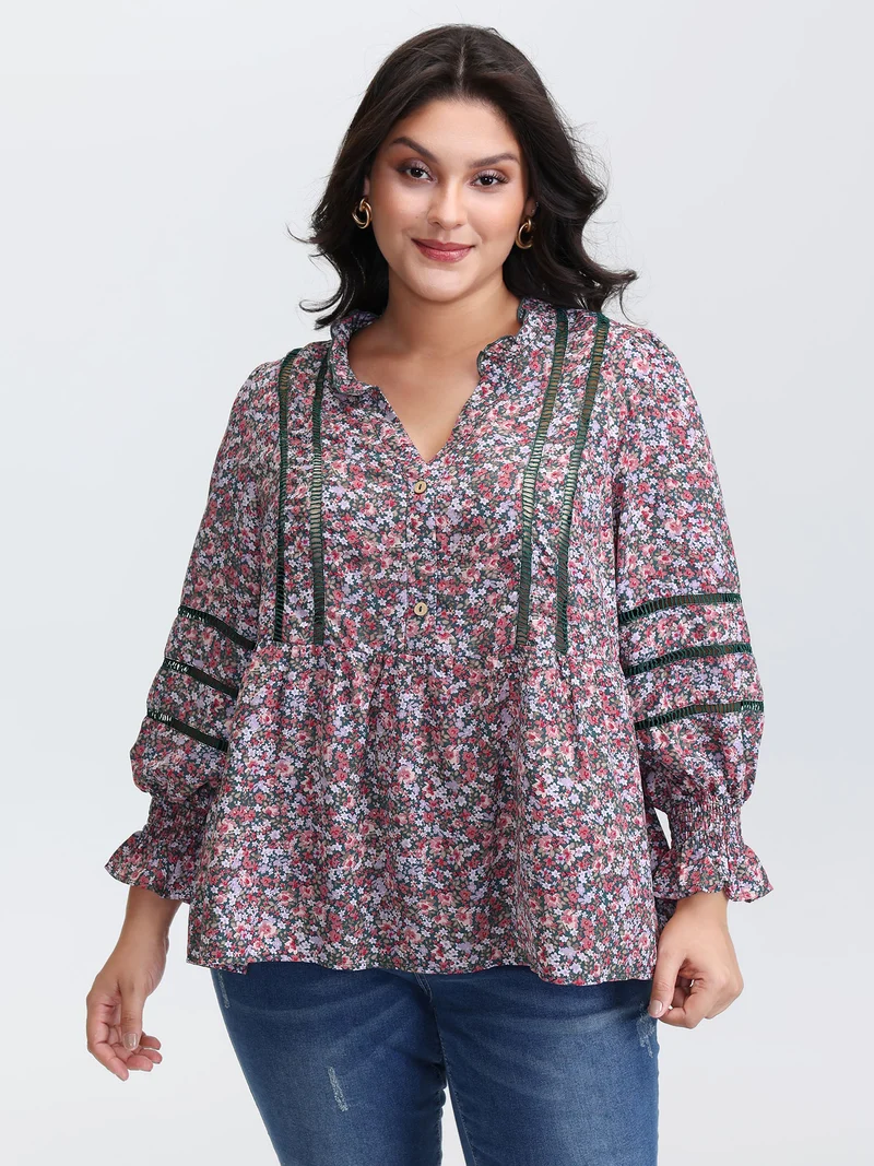 Floral Print Lace Trim Placket Blouse
