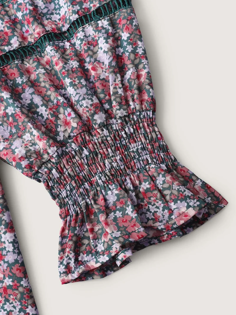 Floral Print Lace Trim Placket Blouse