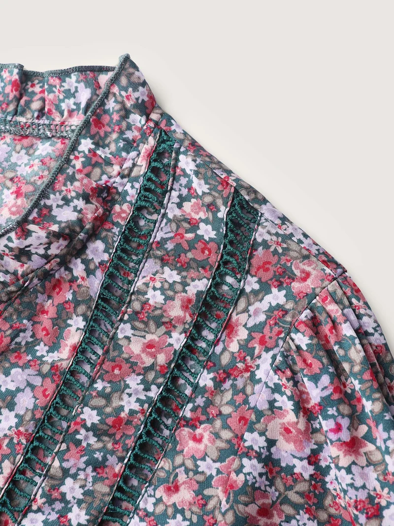 Floral Print Lace Trim Placket Blouse