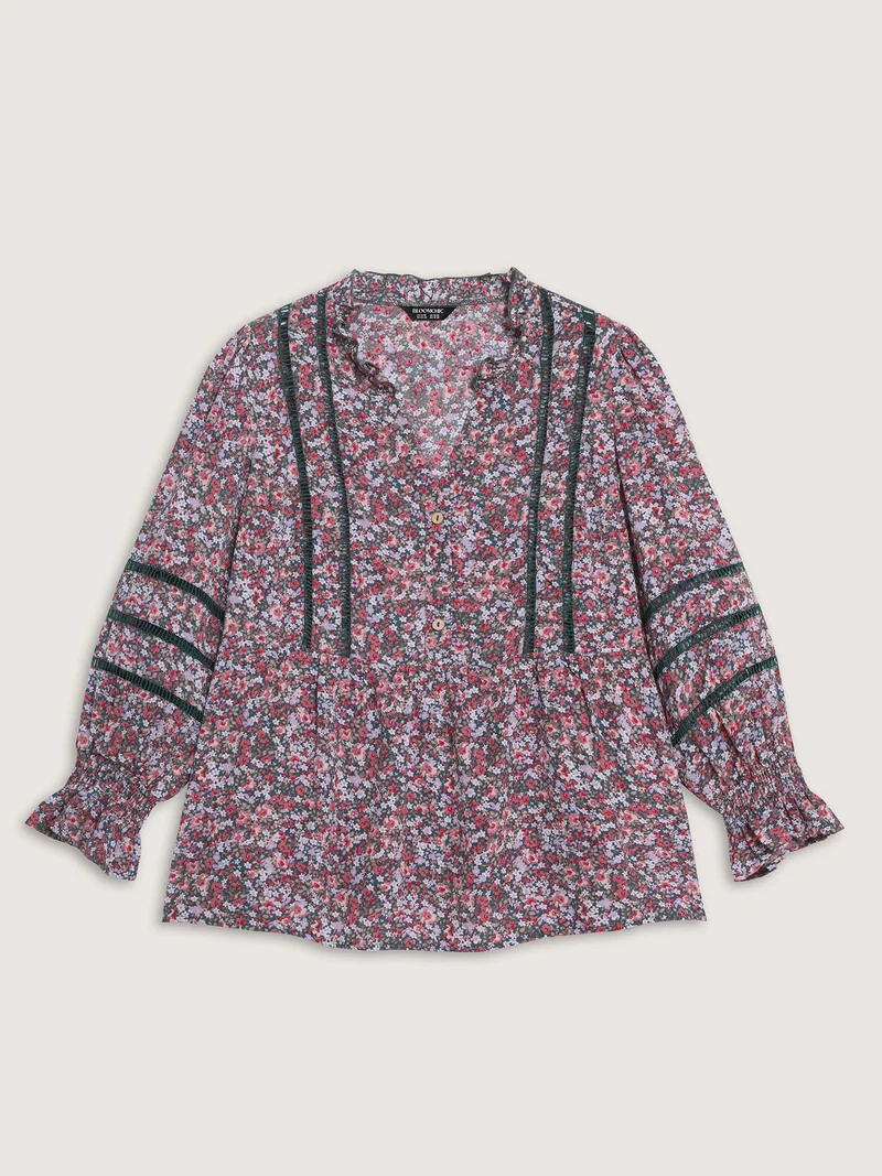 Floral Print Lace Trim Placket Blouse