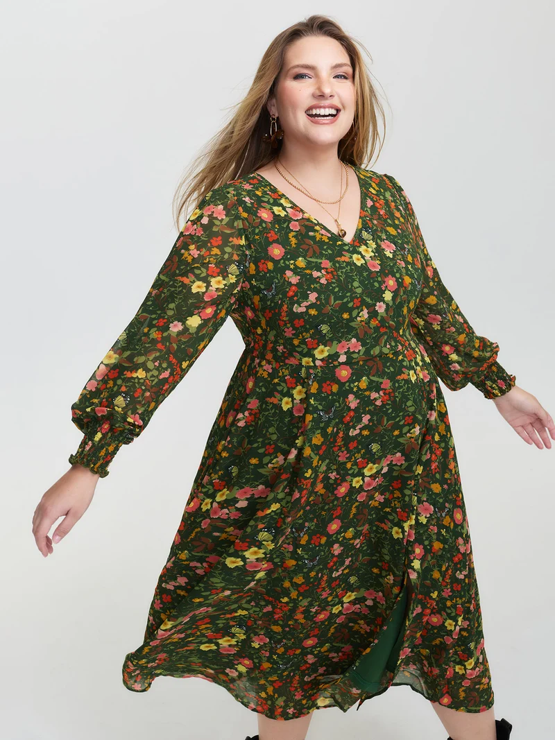 Floral Print Lantern Sleeve Slit Midi Dress