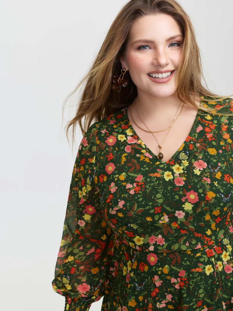 Floral Print Lantern Sleeve Slit Midi Dress