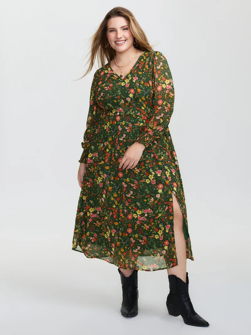Floral Print Lantern Sleeve Slit Midi Dress