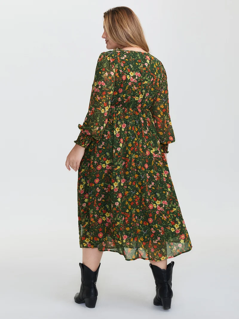Floral Print Lantern Sleeve Slit Midi Dress