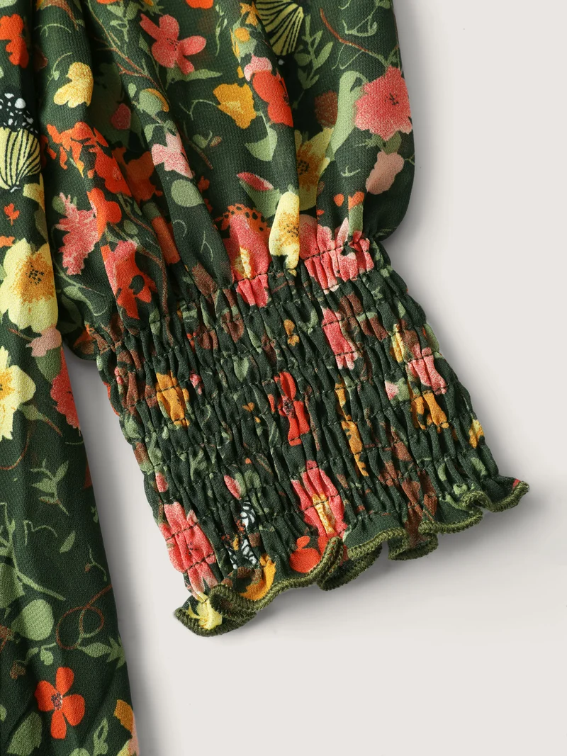 Floral Print Lantern Sleeve Slit Midi Dress