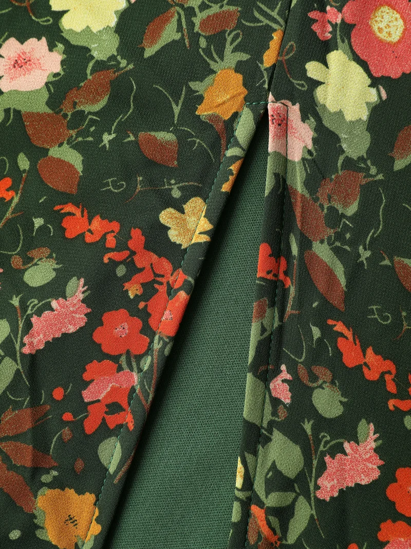 Floral Print Lantern Sleeve Slit Midi Dress