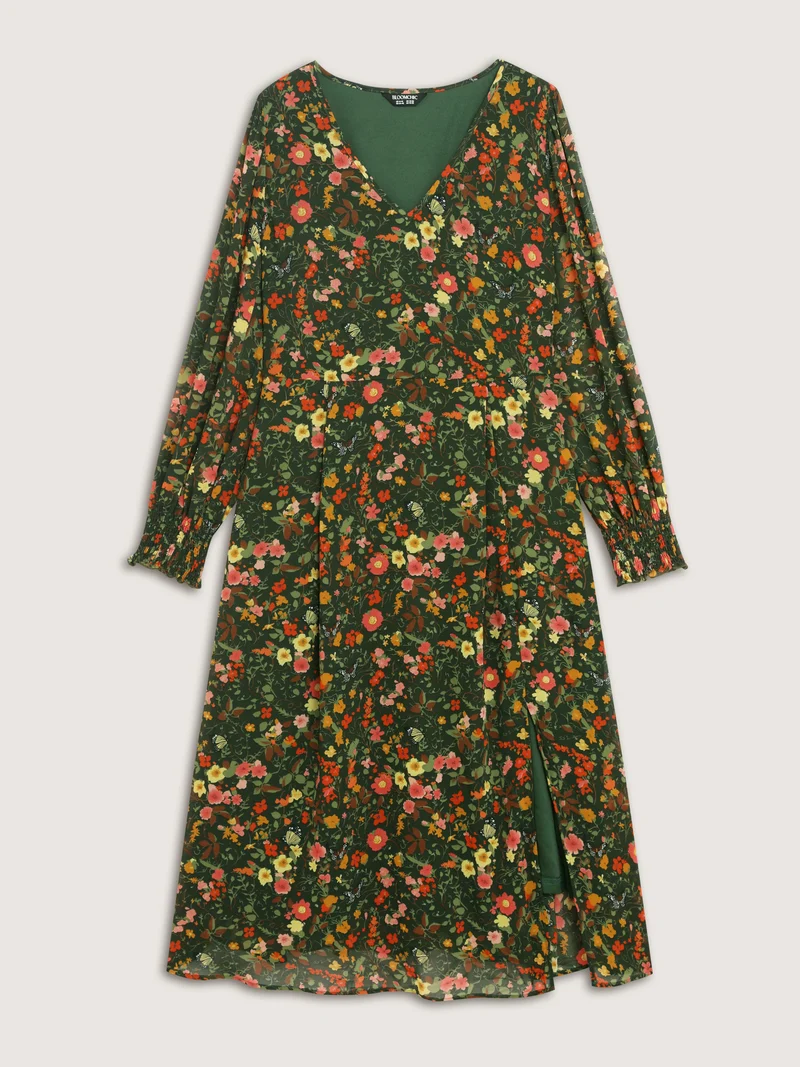 Floral Print Lantern Sleeve Slit Midi Dress