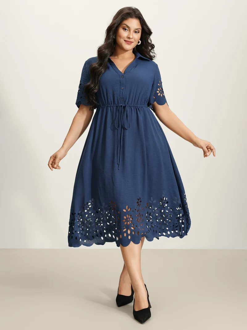Laser Cut Scalloped Hem Waist-Tie Midi Dress