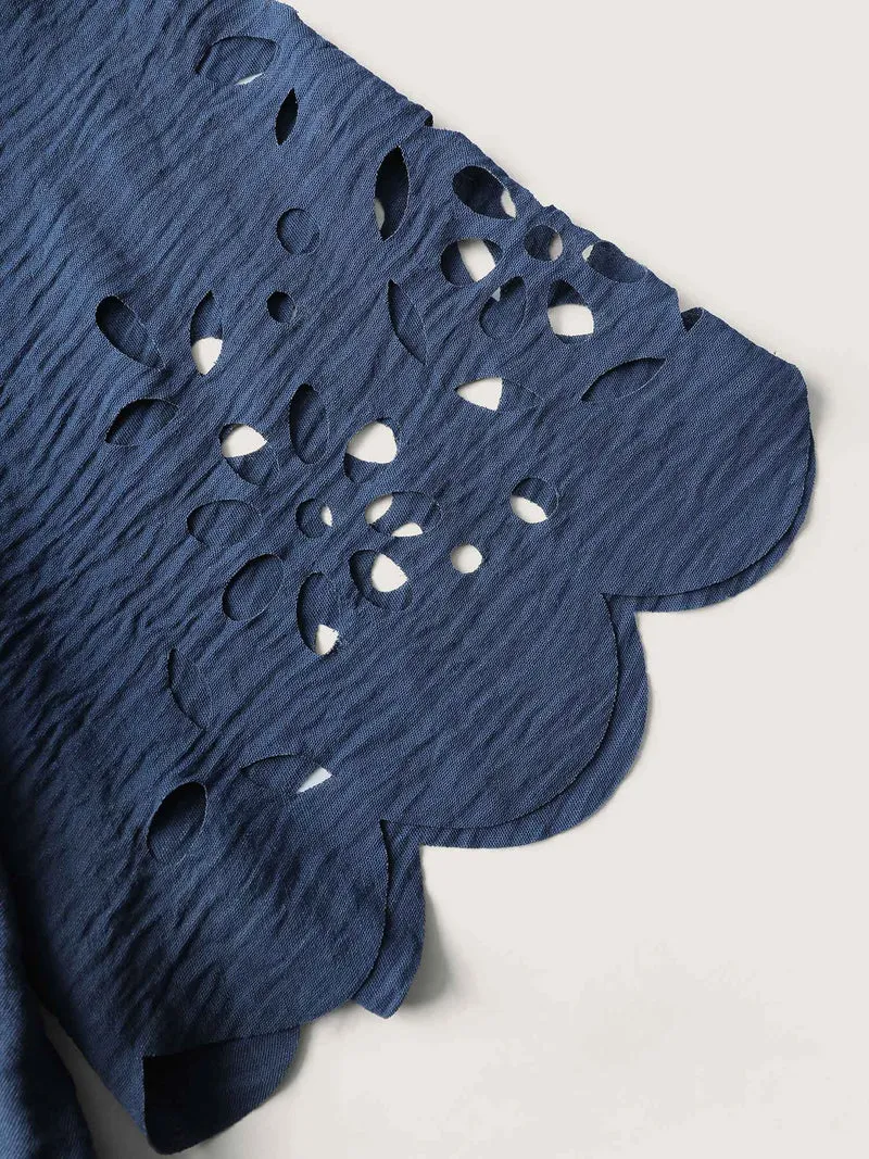 Laser Cut Scalloped Hem Waist-Tie Midi Dress