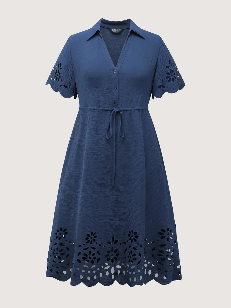 Laser Cut Scalloped Hem Waist-Tie Midi Dress