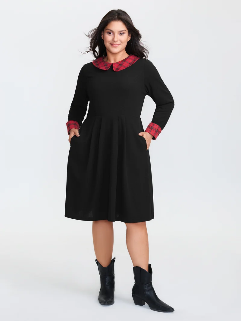 Plaid Collar Pleated Stretchy Waist Midi Dress