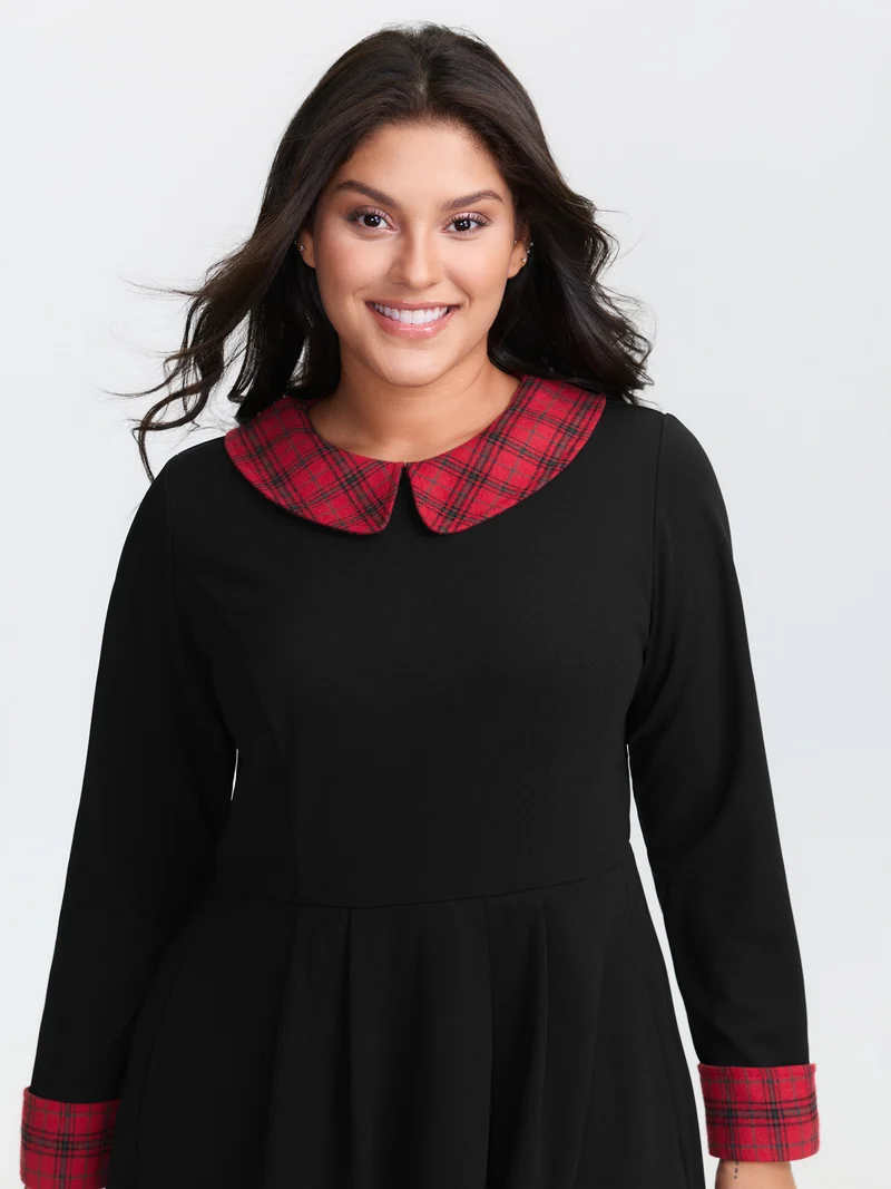 Plaid Collar Pleated Stretchy Waist Midi Dress