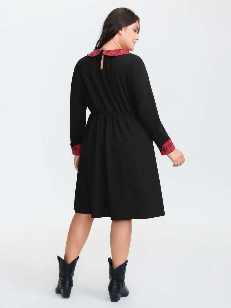 Plaid Collar Pleated Stretchy Waist Midi Dress