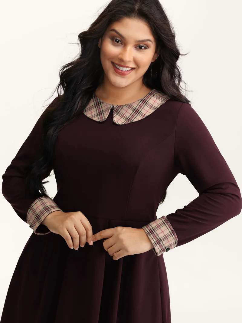 Plaid Collar Pleated Stretchy Waist Midi Dress