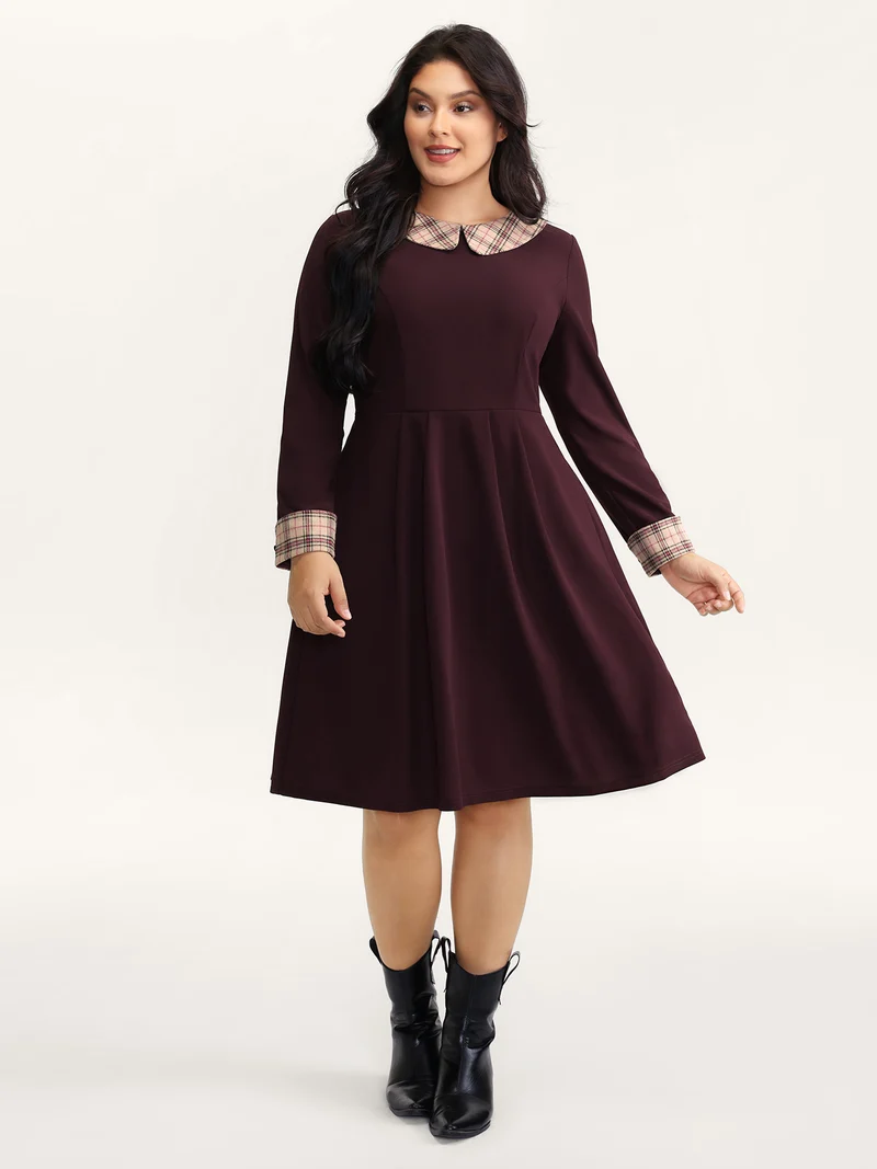 Plaid Collar Pleated Stretchy Waist Midi Dress