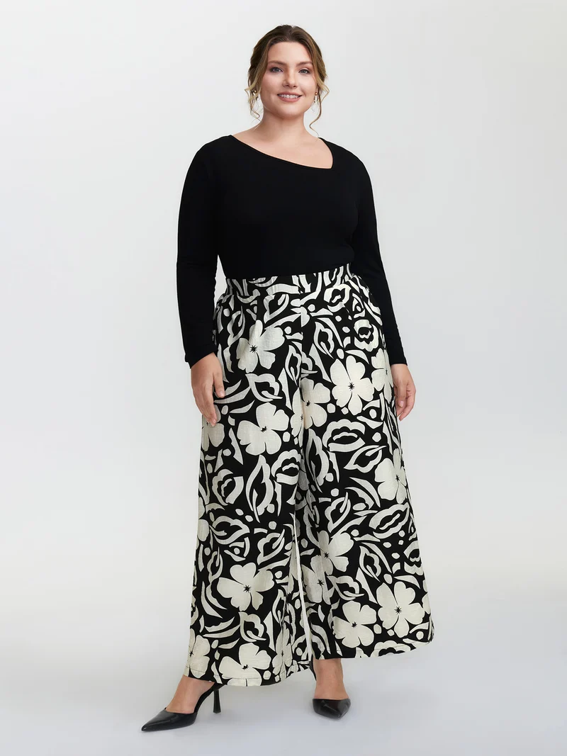 Abstract Floral Print Wide-Leg Pants