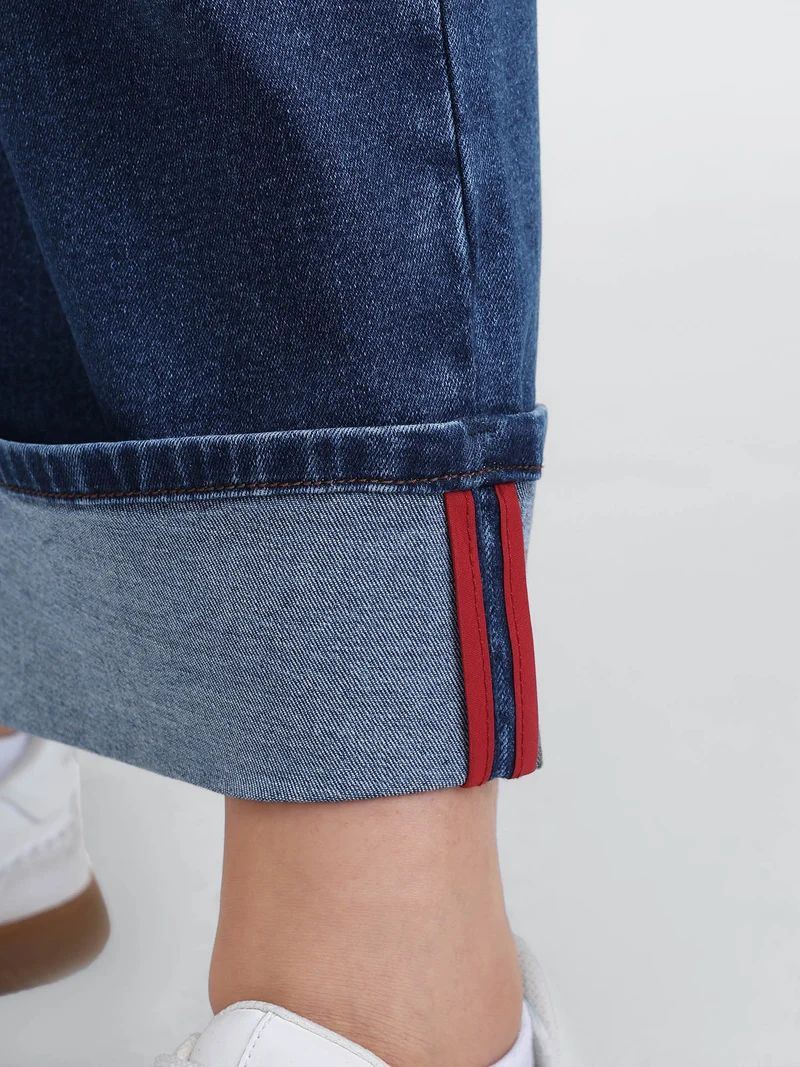 Rolled Cuffs Webbed Wide-Leg Jeans