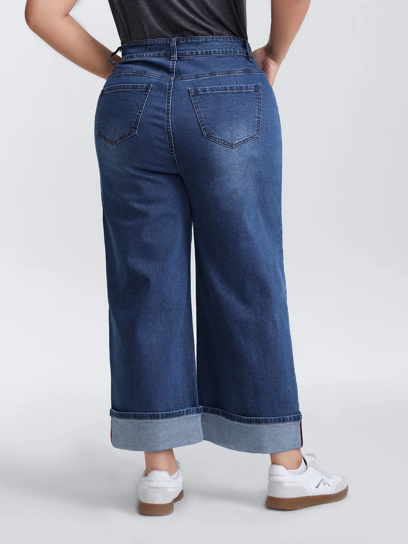 Rolled Cuffs Webbed Wide-Leg Jeans