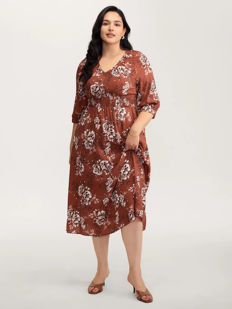 Floral Print Shirred Bust-Comfort Maxi Dress
