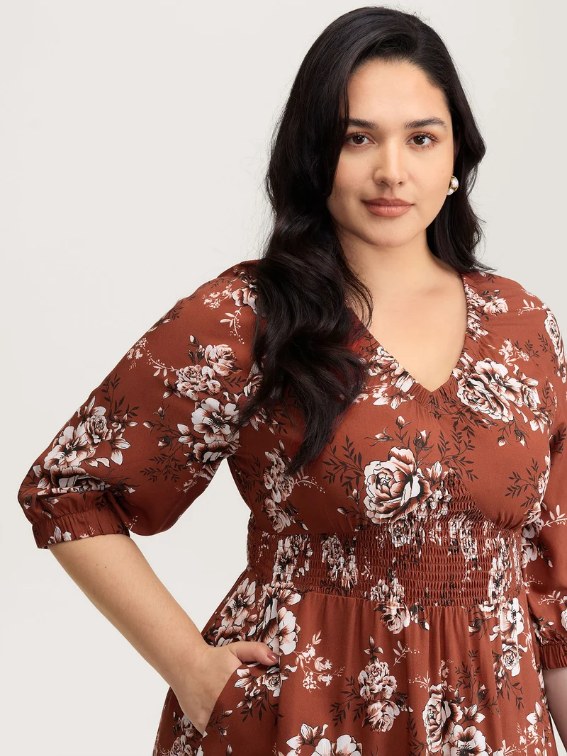 Floral Print Shirred Bust-Comfort Maxi Dress