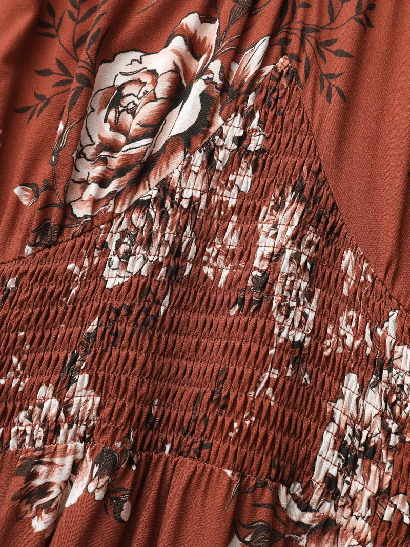 Floral Print Shirred Bust-Comfort Maxi Dress