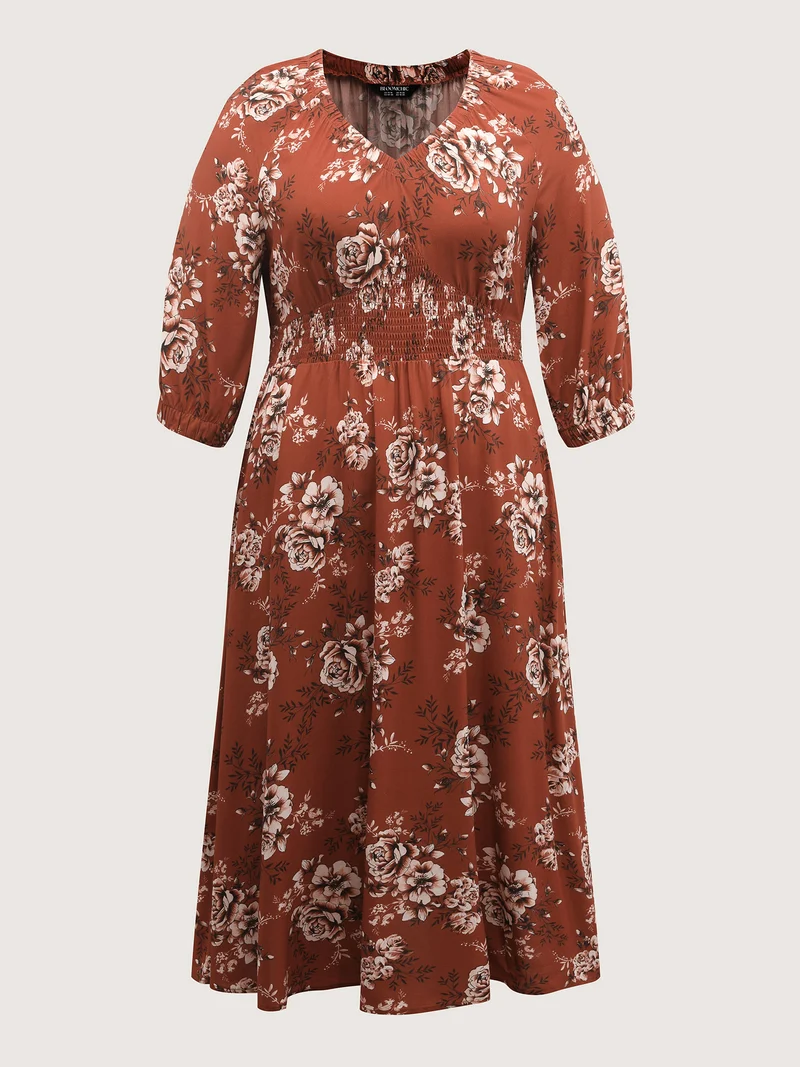 Floral Print Shirred Bust-Comfort Maxi Dress
