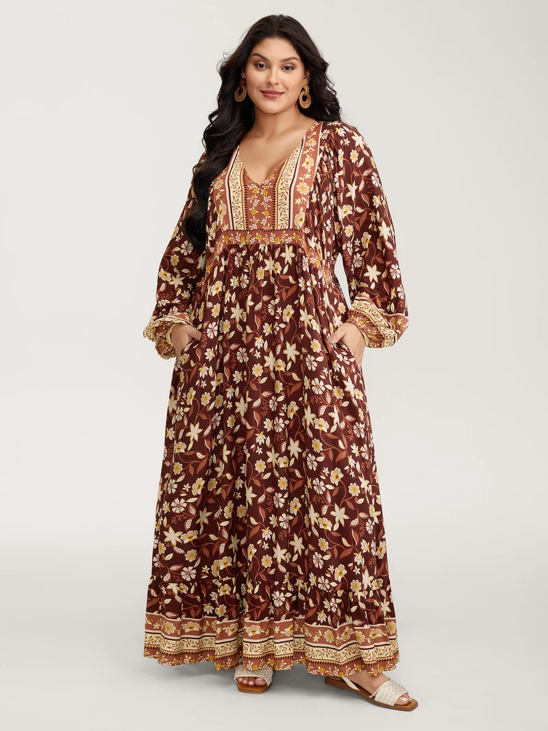 Floral Print Contrast Neckline Maxi Dress