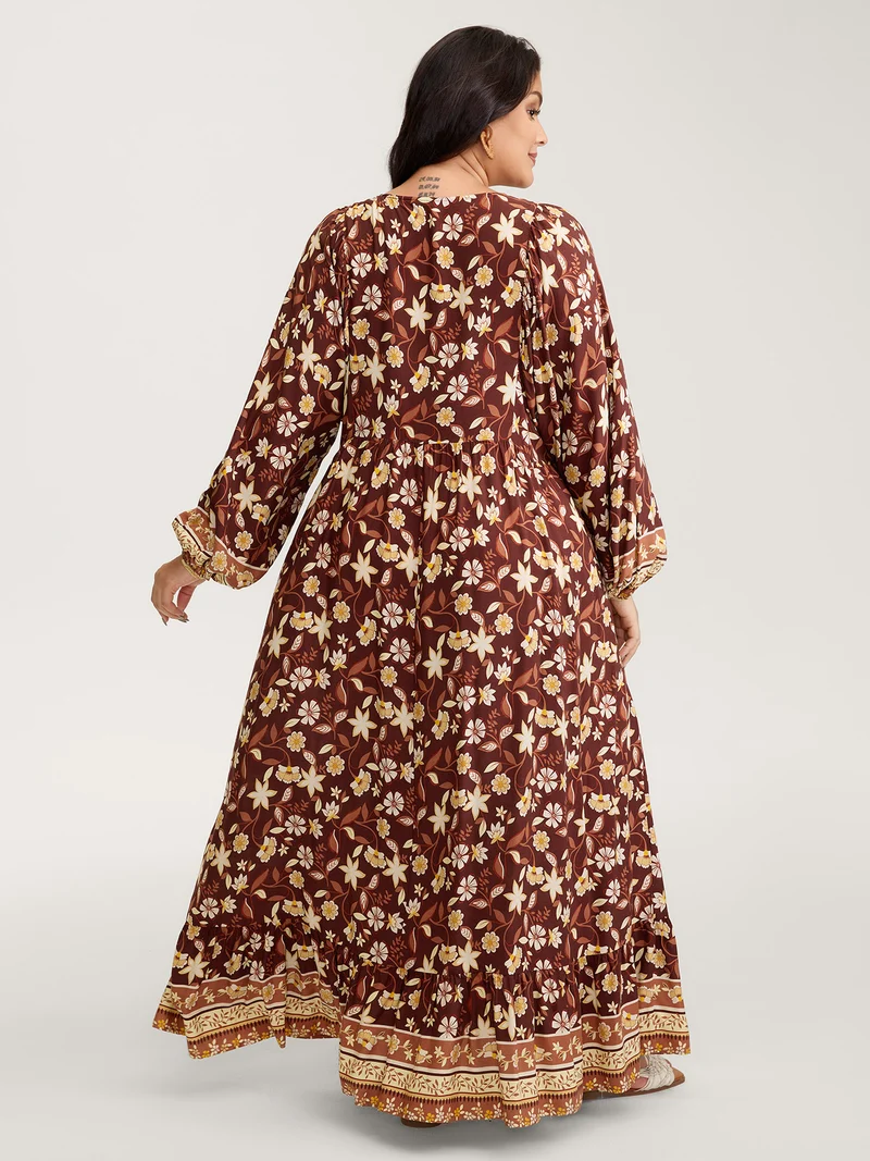 Floral Print Contrast Neckline Maxi Dress