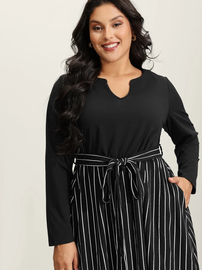 Stripes Color Contrast Belted Midi Dress