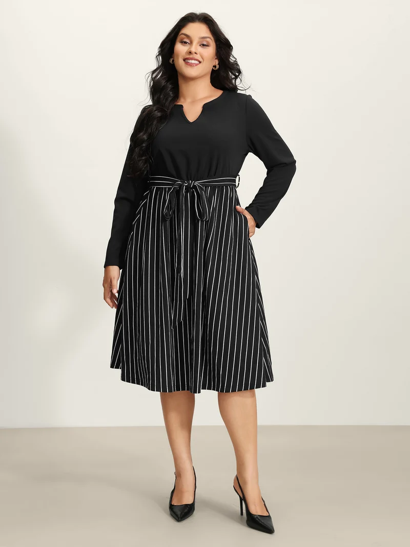 Stripes Color Contrast Belted Midi Dress