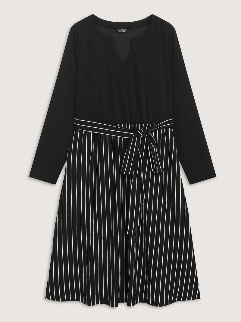 Stripes Color Contrast Belted Midi Dress