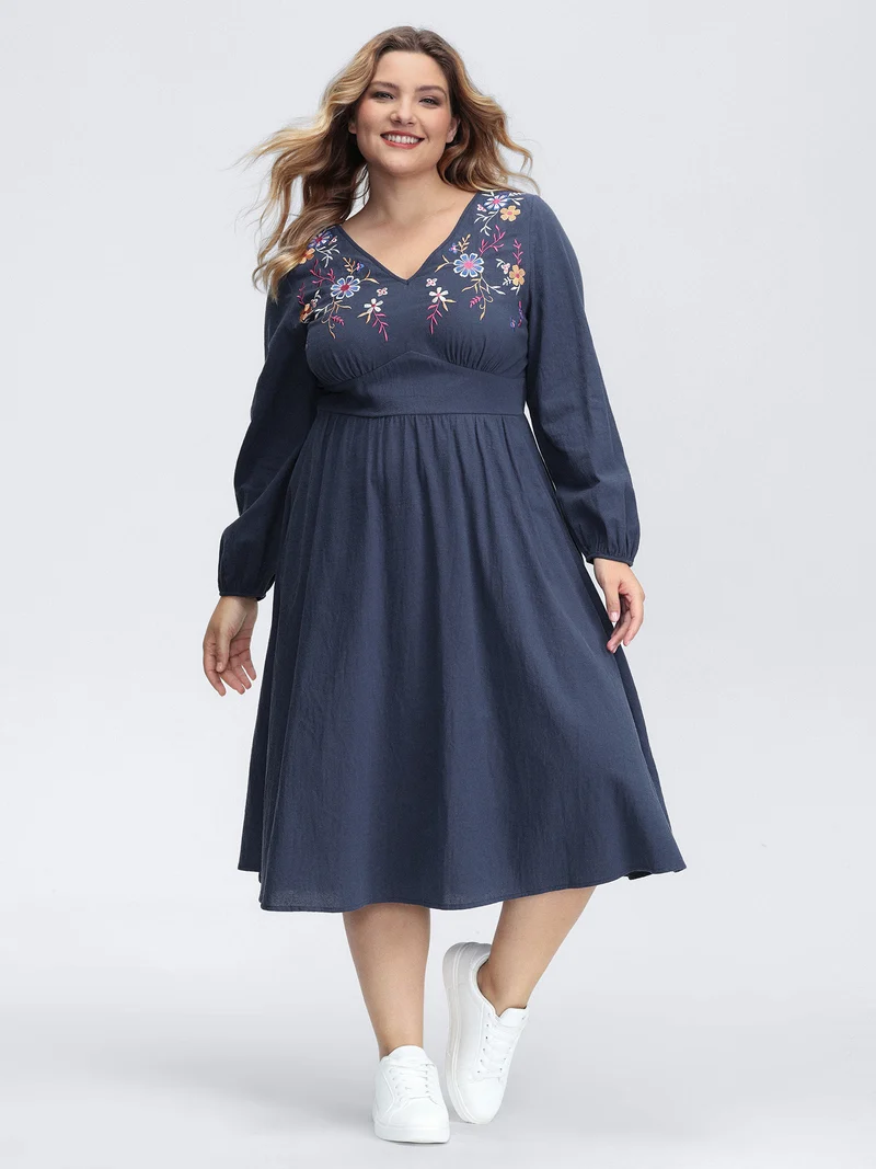 Pure Cotton Embroidered Neckline Midi Dress