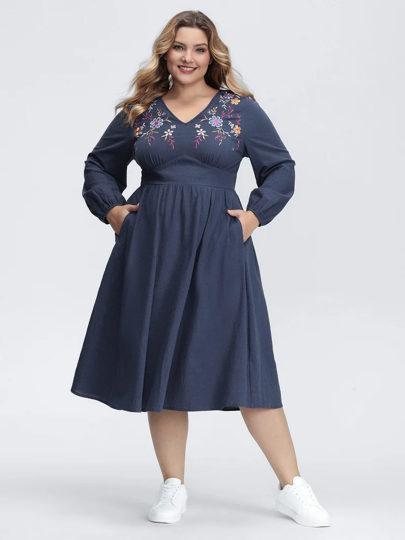 Pure Cotton Embroidered Neckline Midi Dress