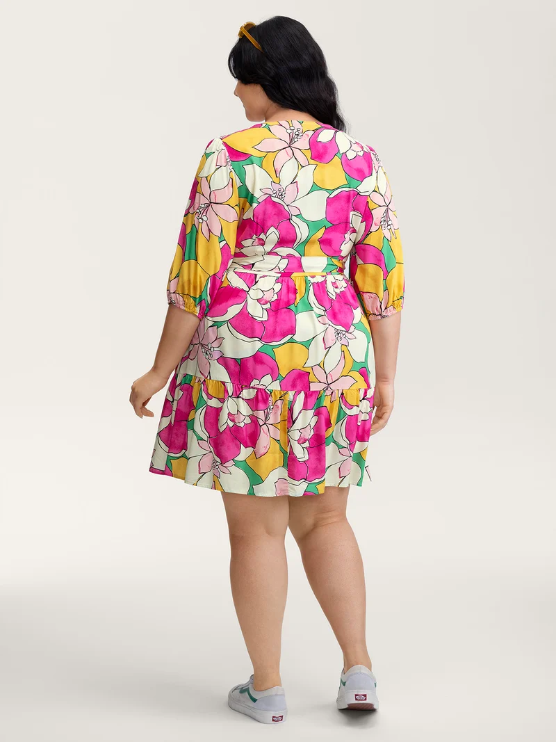 Colorful Floral Print Belted Pockets Midi Dress