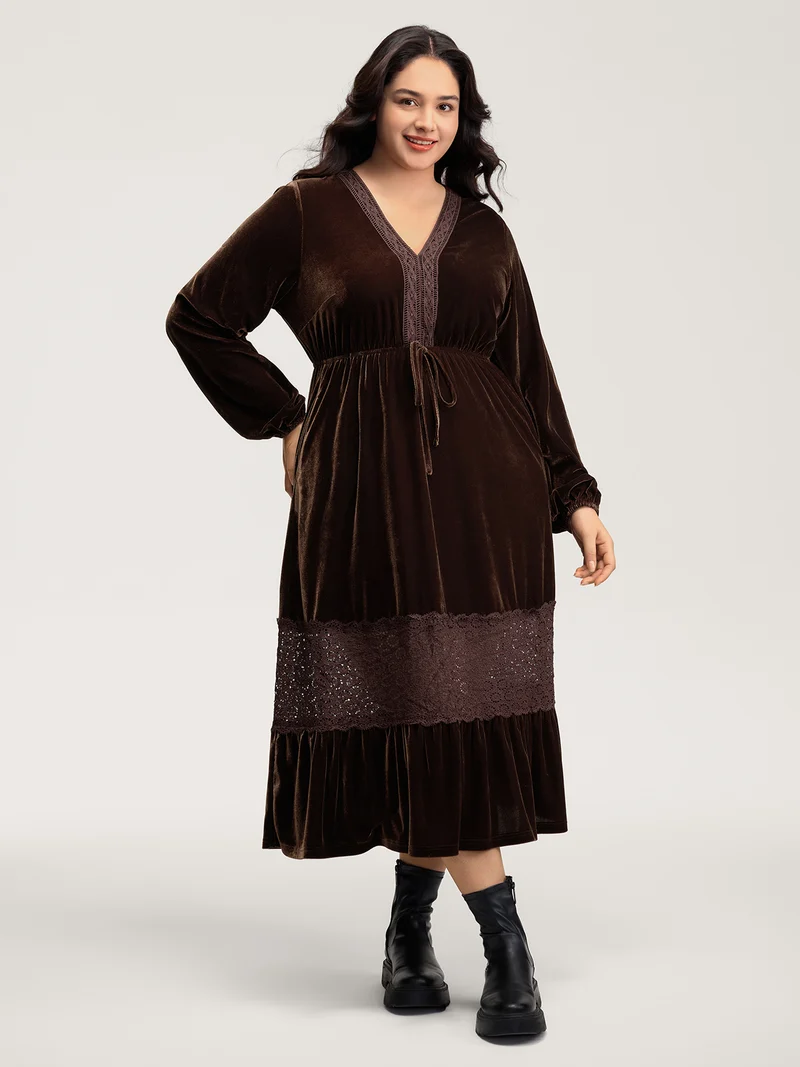 Velvet Lace Trim Waist-Tie Maxi Dress