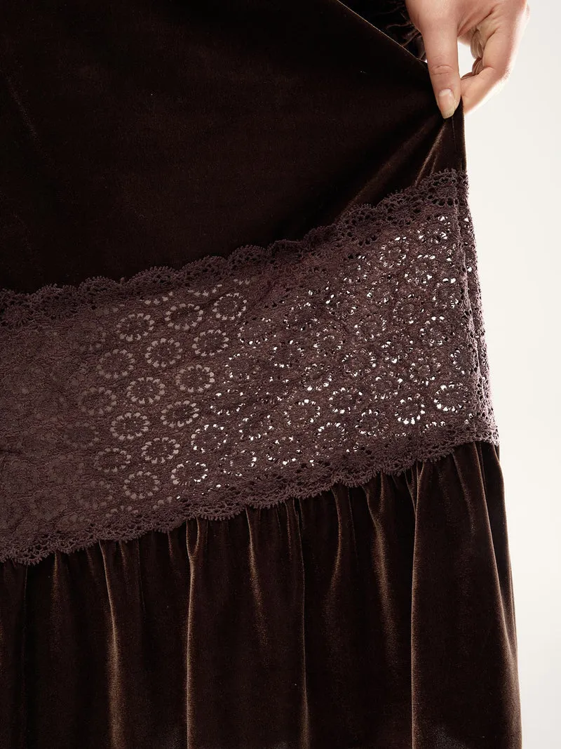 Velvet Lace Trim Waist-Tie Maxi Dress