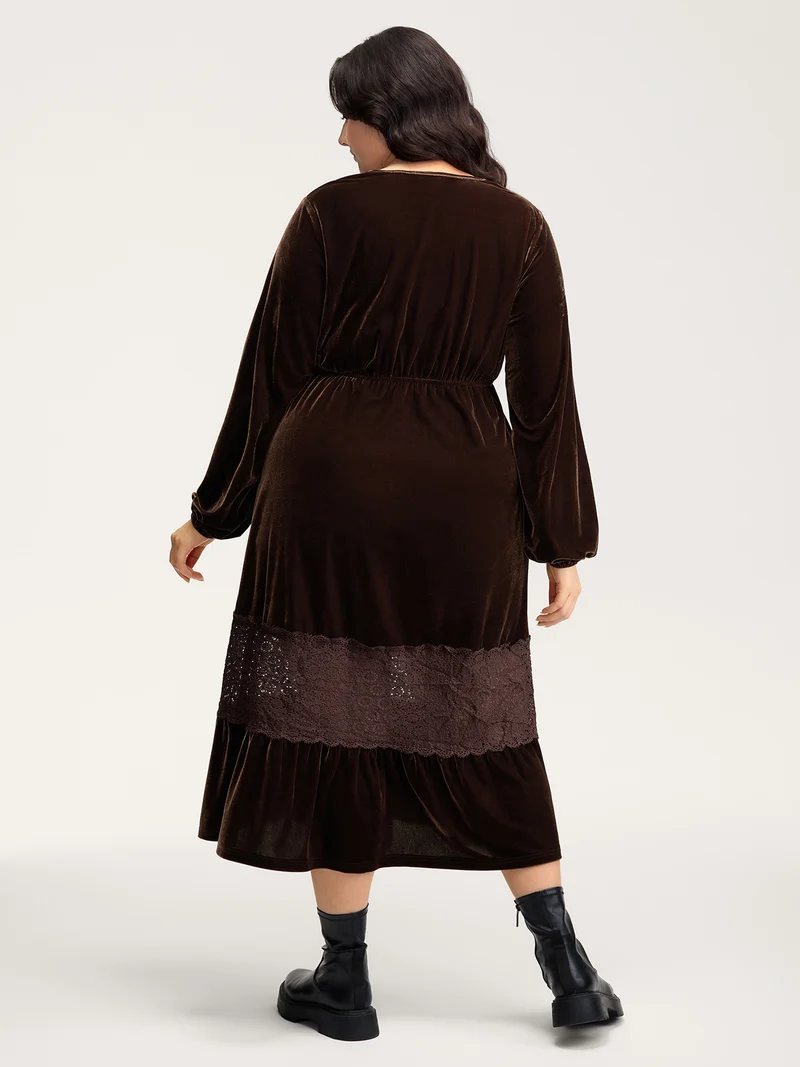 Velvet Lace Trim Waist-Tie Maxi Dress