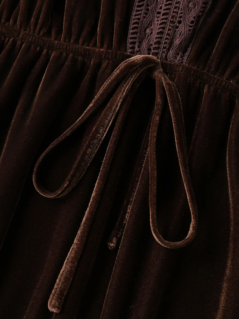 Velvet Lace Trim Waist-Tie Maxi Dress