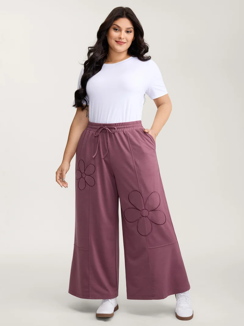 Applique Embroidery Drawstring Wide-Leg Pants