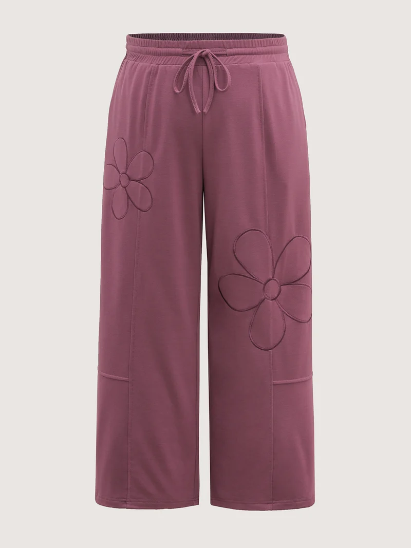 Applique Embroidery Drawstring Wide-Leg Pants