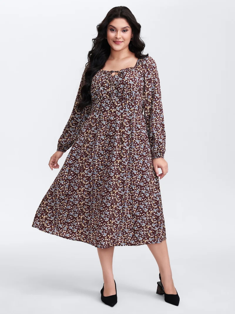 Floral Print Pockets Neckline Tie Maxi Dress