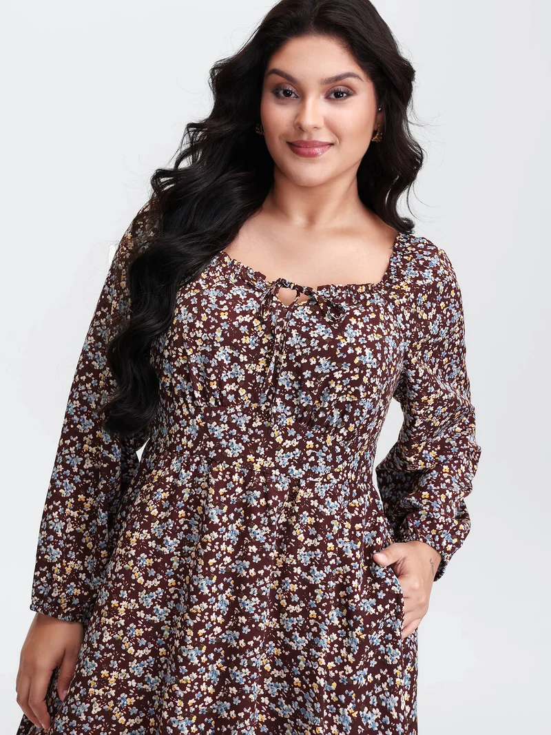 Floral Print Pockets Neckline Tie Maxi Dress